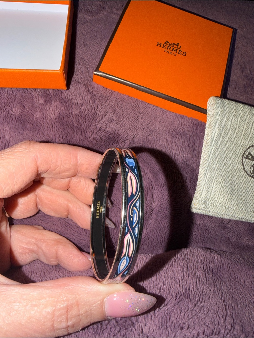 Hermes Blue and Pink Enamel Narrow Bangle